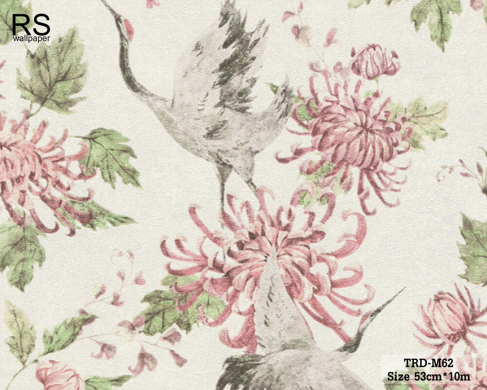 วอลเปเปอร์ วินเทจลายดอกไม้ ใบไม้ นก พื้นขาวหม่น TRD-M62