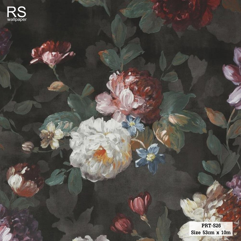 วอลเปเปอร์ ลายดอกไม้ พื้นสีดำเทา PRT-S26