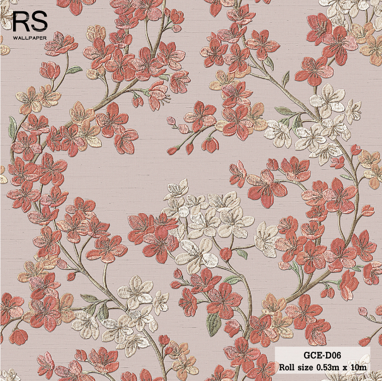 วอลเปเปอร์ ลายดอกไม้สีส้มโอรส เนื้อวอล์เลียนแบบผ้าไหม GCE-D06