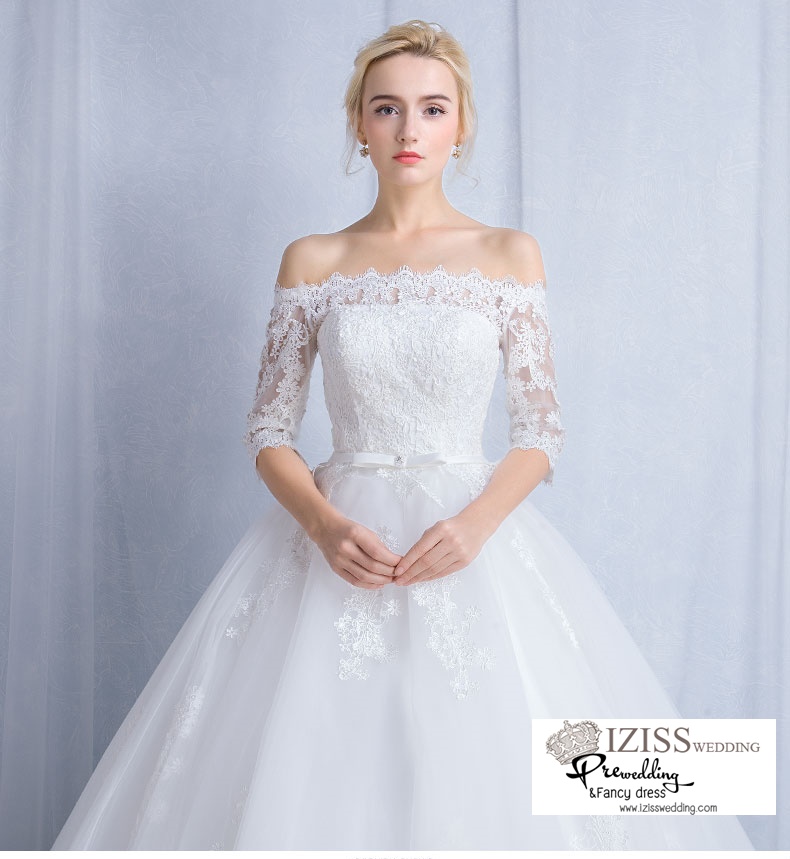 ฺBR105 **พรีออเดอร์**ชุดแต่งงาน&ชุดเจ้าสาวแบบยาวสีขาวเกรดพรีเมี่ยม เปิดไหล่ มีแขน หรูหราน่ารัก สวยโดดเด่นไม่ซ้ำใคร