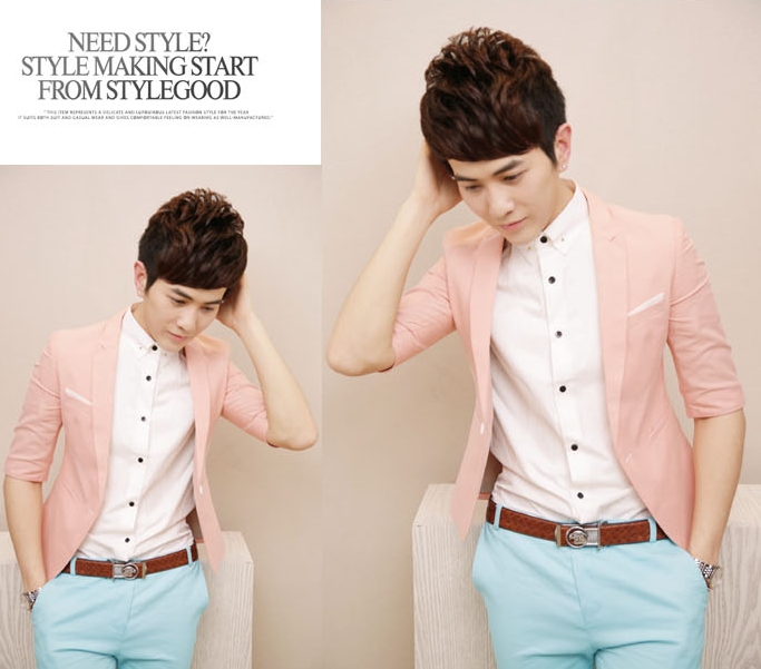 เสื้อสูทแฟชั่น พร้อมส่ง สีชมพู สไตล์หนุ่มหวาน แขน 4 ส่วน ผ่าหลัง ใส่ทำงาน ใส่เที่ยว