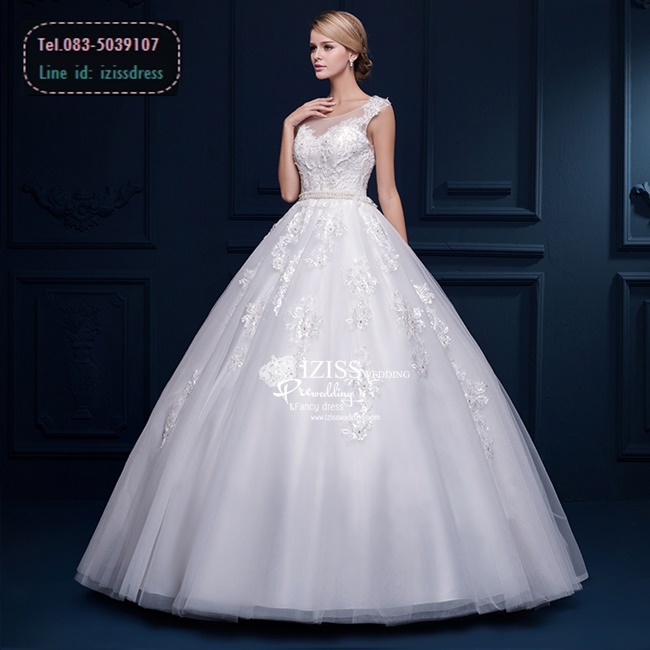 BR172 **พรีออเดอร์**ชุดแต่งงาน&ชุดเจ้าสาวแบบยาวสีขาวเกรดพรีเมี่ยม แขนกุดซีทรูช่วงอกและแขน ปักเลื่อมผสมลูกไม้ยกดอก พร้อมเข็มขัดมุก หรูหราน่ารัก สวยโดดเด่นไม่ซ้ำใคร