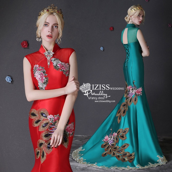 PW434- **พรีออเดอร์สีเขียวและสีแดง**ชุดกี่เพ้ายาว ชุดยกน้ำชา ชุดถ่ายพรีเวดดิ้ง (prewedding dress) & ชุดแต่งงานแฟนซี (Fancy wedding dress) "ธีมสีเขียว"