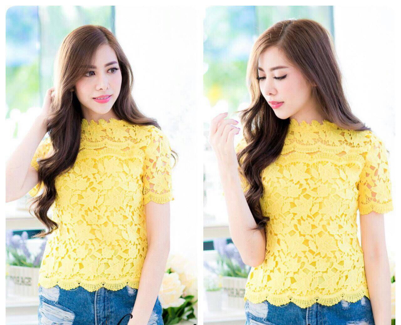 เสื้อเสื้อลูกไม้สไตน์เกาหลีสีเหลือง เสื้อลูกไม้แขนสั้นสีเหลือง เสื้อลูกไม้วัยรุ่นคอจีนสีเหลือง เสื้อทำงานลูกไม้สีเหลือง