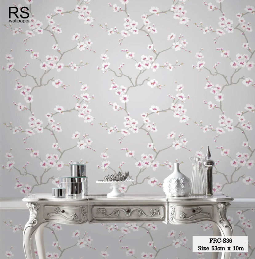 วอลเปเปอร์ ลายดอกไม้สีขาวชมพู พื้นสีเทา FRC-S36