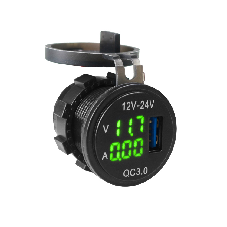 กระบอกแปลงไฟชาร์จ USB QC 3.0 18W 1 ช่อง พร้อมหน้าจอ V/A สำหรับระบบไฟฟ้า DC 12/24V
