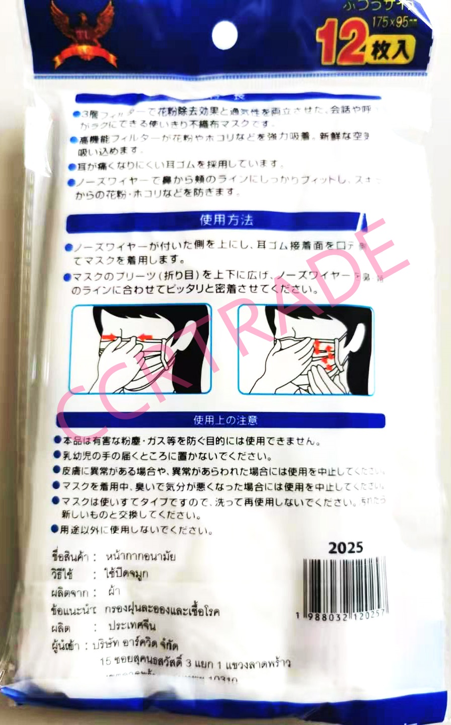 หน้ากากอนามัยการ์ตูน 12 ชิ้นถุง 22 ซม.