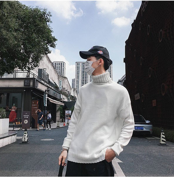 เสื้อไหมพรมผู้ชาย สีขาว คอเต่า แขนยาว สเวตเตอร์ผู้ชาย ผ้าหนานุ่ม ยืดหยุ่นได้ดี