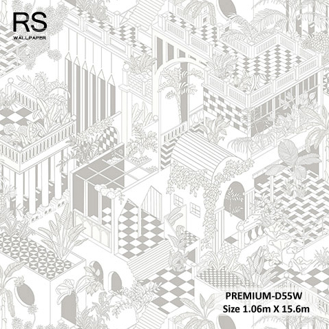วอลเปเปอร์ลายใบไม้-ตึกอาคาร สีขาวเทา PREMIUM-D55W