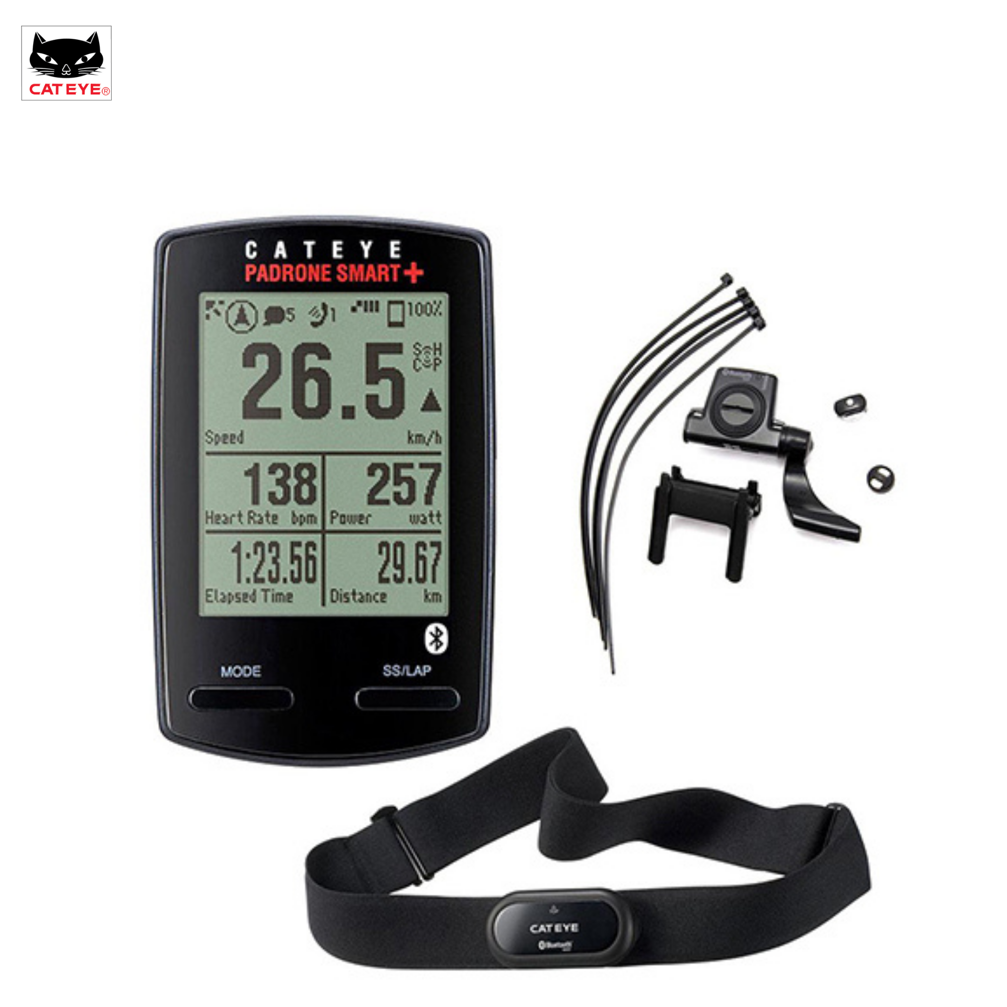 ไมล์ไร้สาย CATEYE PADRONE SMART+, มี GPS, CC-SC100B, พร้อมเซนเซอร์วัดรอบขาและเซนเซอร์วัดหัวใจ