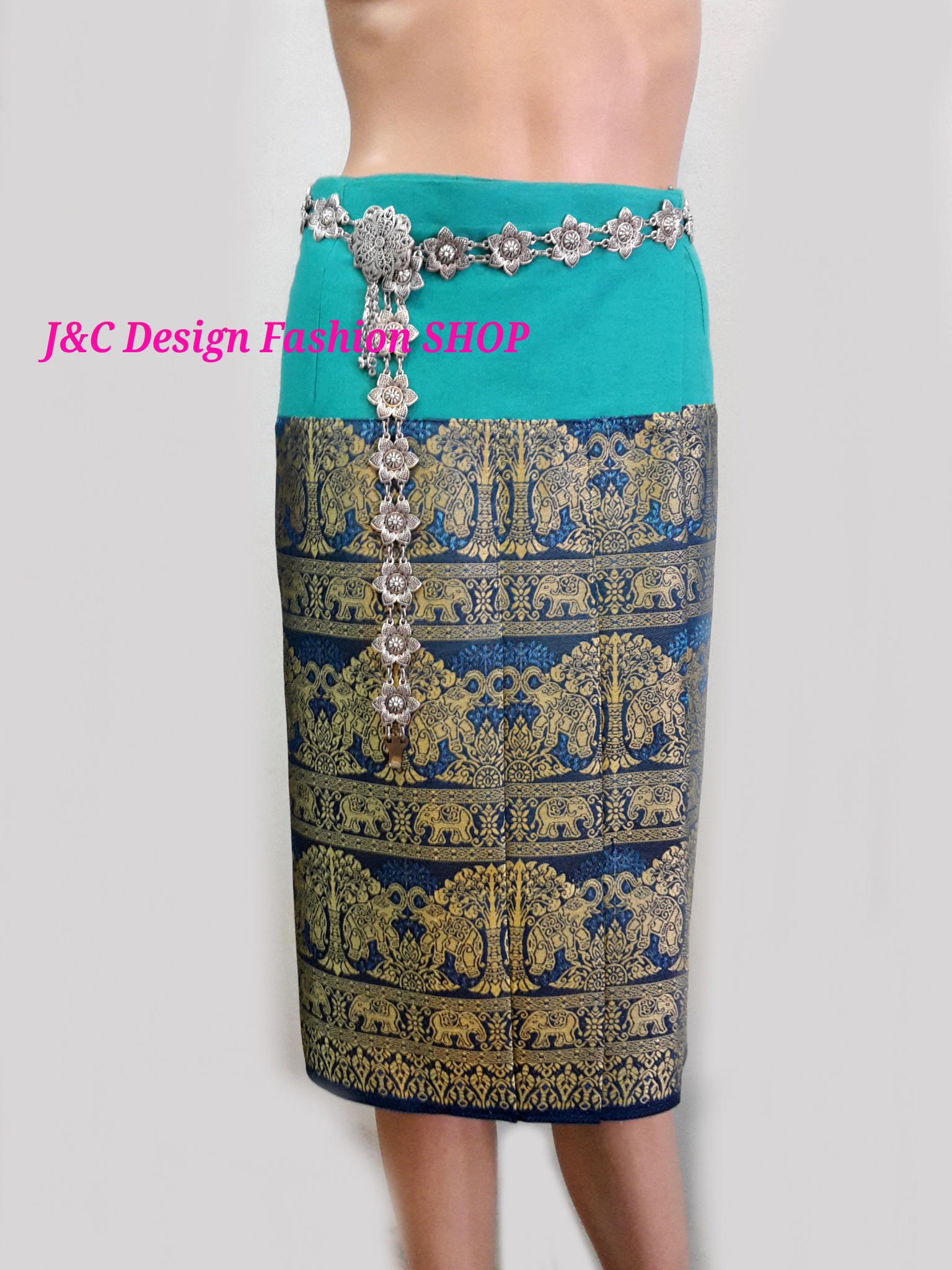 ผ้าถุงฝ้ายสำเร็จรูป กระโปรงผ้าไทยสำเร็จรูปแต่งจีบแบบป้ายเลื่อนตะขอ สีมิ้นอมฟ้าเมทอลลิค