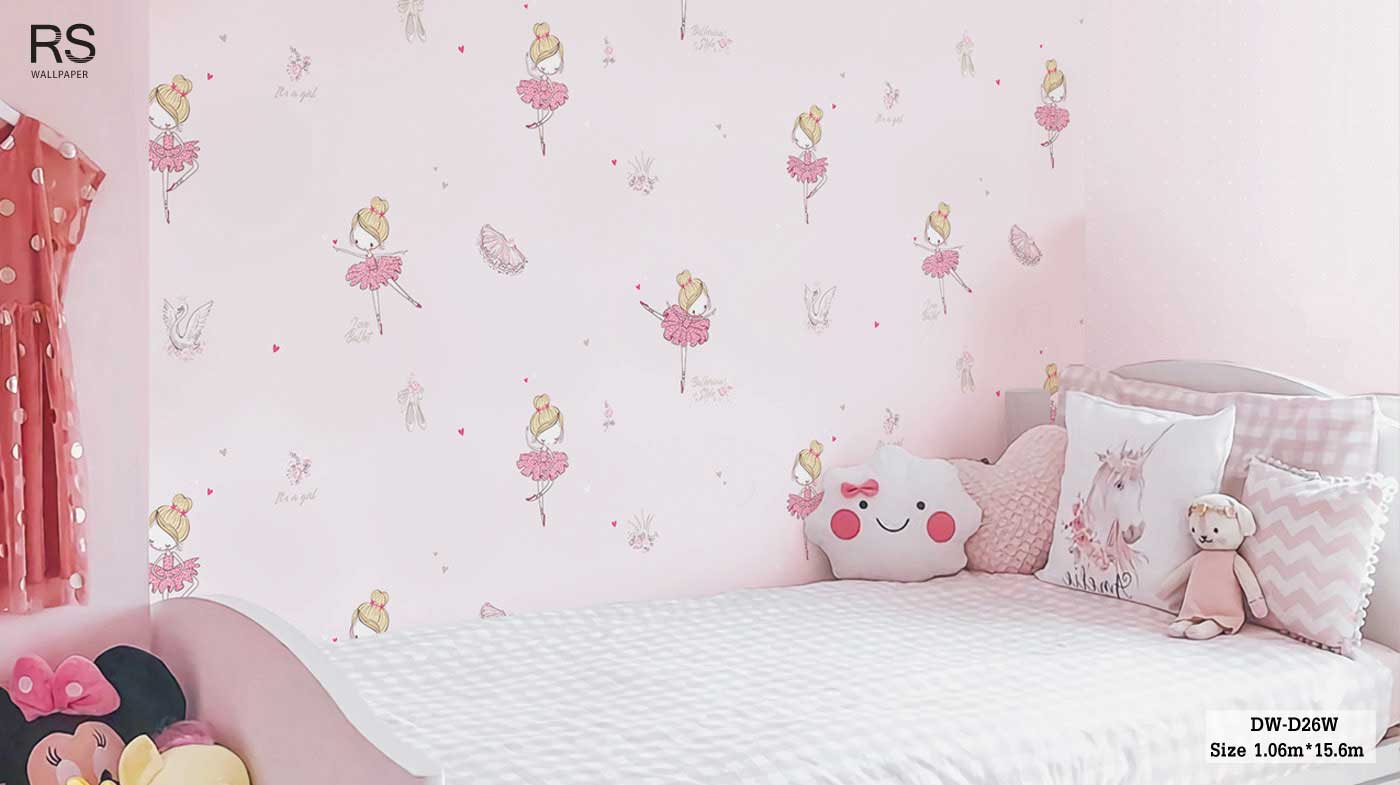 วอลเปเปอร์ห้องเด็ก ลายเด็กหญิงเต้นระบำ พื้นสีชมพูอ่อนๆ DW-D26W
