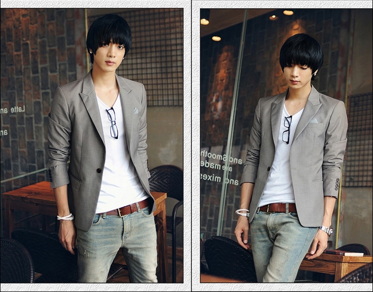 เสื้อสูทแฟชั่น พร้อมส่ง สีเทา สไตล์เท่ห์ คอปก แต่งกระดุมด้านหลังปลายแขน เสื้อสูทผู้ชาย ใส่ทำงาน ใส่เป็นสูทลำลองได้