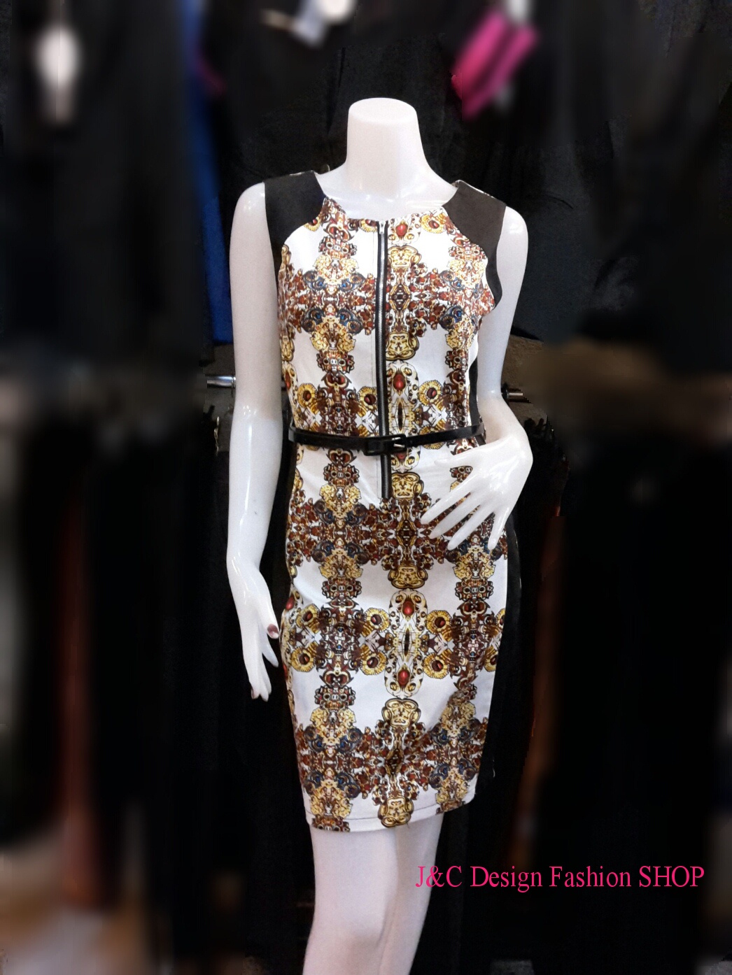 เดรสลายกราฟฟิกสไตน์เกาหลีสีดำ ชุดแซกผ้าเวสโก้ผสมโพลีเอไมท์ ชุดผ้าไทยผ้าพื้นเมือง ชุดทำงานสไตน์หรูเรียบดีเทลเก๋ๆด้วยการตัดต่อดำ