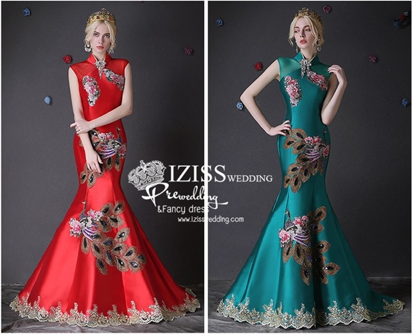 PW434- **พรีออเดอร์สีเขียวและสีแดง**ชุดกี่เพ้ายาว ชุดยกน้ำชา ชุดถ่ายพรีเวดดิ้ง (prewedding dress) & ชุดแต่งงานแฟนซี (Fancy wedding dress) "ธีมสีเขียว"