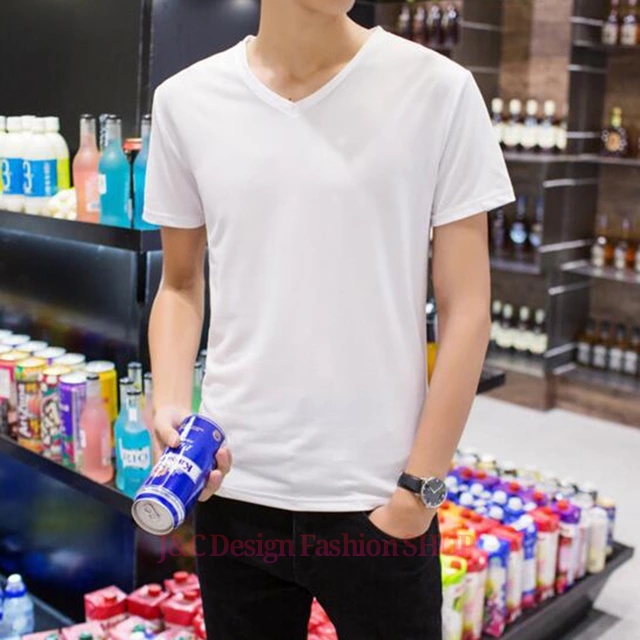 เสื้อผู้ชายคลาสสิกแขนสั้น ใส่แล้วท็อปส์เพียวสีขาวดำ คอVคอยืดหยุ่นผ้าฝ้ายไลคร่าเสื้อยืดเสื้อกล้าม เสื้อยืดเกาหลีคอวีชาย