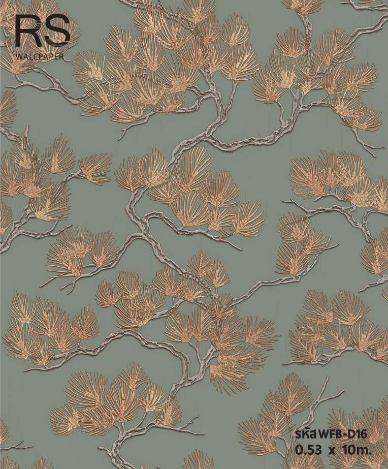 วอลเปเปอร์แท็กเจอร์ผ้าไหมทอ ลายใบไม้สีทอง พื้นสีเขียว (Tropical Style) WFB-D16