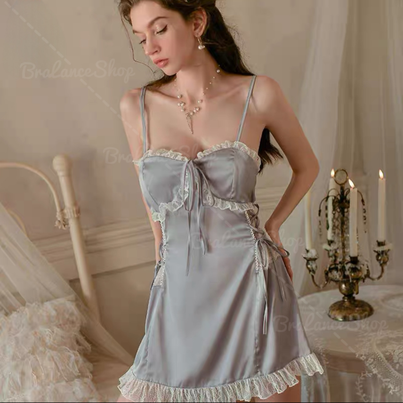 BLS✿2132 ชุดนอนลูกไม้ ผ้าซาตินแท้💯