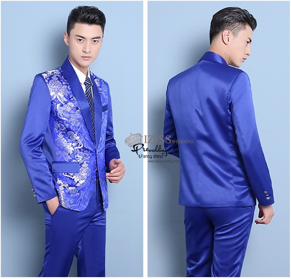 ST094 **พรีออเดอร์**สูทจีนผู้ชายสีน้ำเงินแขนยาว ลายดอกไม้จีนสีเงิน ติดกระดุม พร้อมกางเกงสีน้ำเงินขาสอบ ชุดสูทเจ้าบ่าว สูทแฟนซี ถ่ายพรีเวดดิ้ง & ชุดแต่งงานแฟนซี (Fancy wedding dress) สูทผู้ชายสีน้ำเงิน