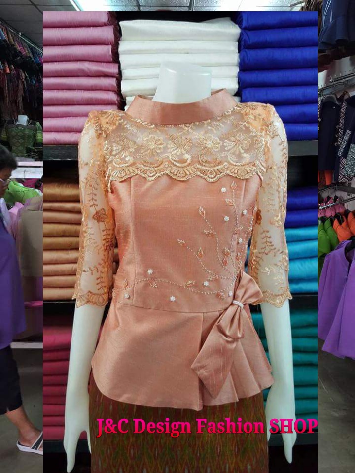 เสื้อผ้าไทยสีโอรสแต่งลูกไม้ เสื้อผ้าไหมแต่งลูกไม้ เสื้อใส่ผ้าซิ่นสีโอรส เสื้อผ้าฝ้ายสีโอรสเงินปักมุก