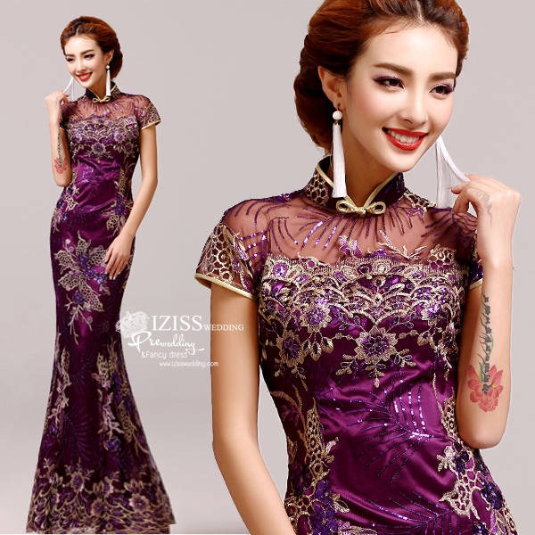 PW435purple- **พร้อมส่ง**ชุดกี่เพ้ายาว ชุดยกน้ำชา ชุดถ่ายพรีเวดดิ้ง (prewedding dress) & ชุดแต่งงานแฟนซี (Fancy wedding dress) "ธีมสีม่วง"