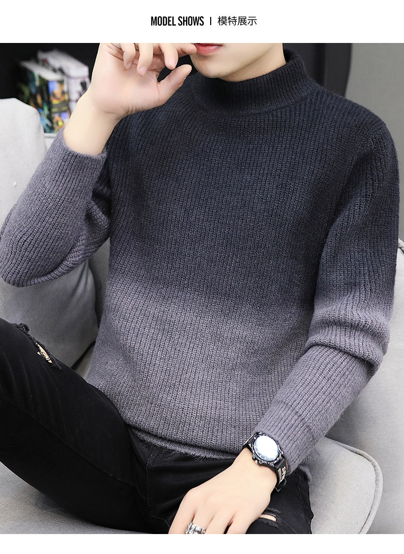 เสื้อไหมพรมผู้ชาย สีดำ ไล่สี คอปีน เนื้อไหมพรมลายริ้วเล็ก แขนยาว สเวตเตอร์ผู้ชาย ผ้าหนา นุ่ม ยืดหยุ่นได้ดี ใส่กันหนาว ใส่ไปเที่ยวต่างประเทศได้ ใส่เดี่ยวหรือทับด้วยโค้ท สเวตเตอร์ผู้ชาย