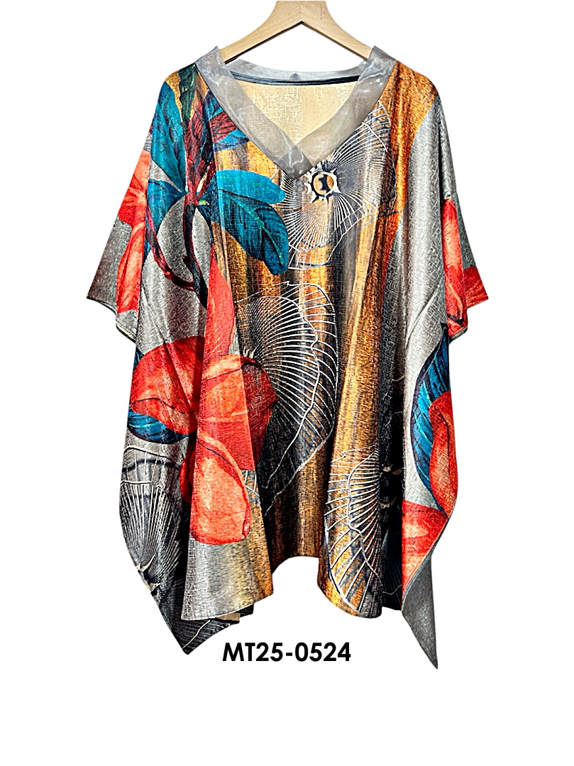 MT25-0524 ไหมจีนคอวีแก้วทรงผีเสื้อ อก 56 นิ้ว สวยสไต์คุณนาย เสื้อผู้ใหญ่