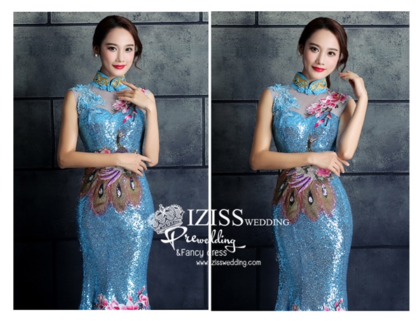 PW522- **พรีออเดอร์สีฟ้า**ชุดเลื่อมกี่เพ้ายาว ชุดยกน้ำชา ชุดถ่ายพรีเวดดิ้ง (prewedding dress) & ชุดแต่งงานแฟนซี (Fancy wedding dress) "ธีมสีฟ้า"