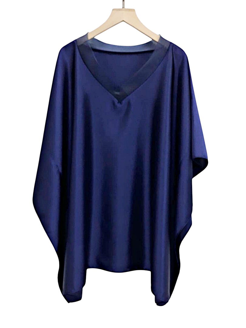 MT24-1152 เครปซาตินคอวีแก้วทรงผีเสื้อ อก 56 นิ้ว สีกรมท่า สวยสไต์คุณนาย เสื้อผู้ใหญ่