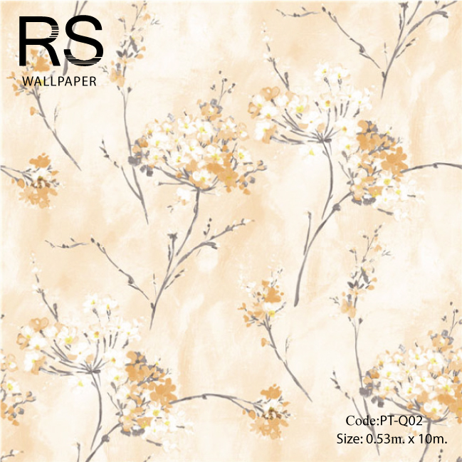 วอลเปเปอร์ลายดอกไม้สีส้มวาดด้วยสีน้ำมันพื้นสีส้มอ่อนแกมทอง PT-Q02