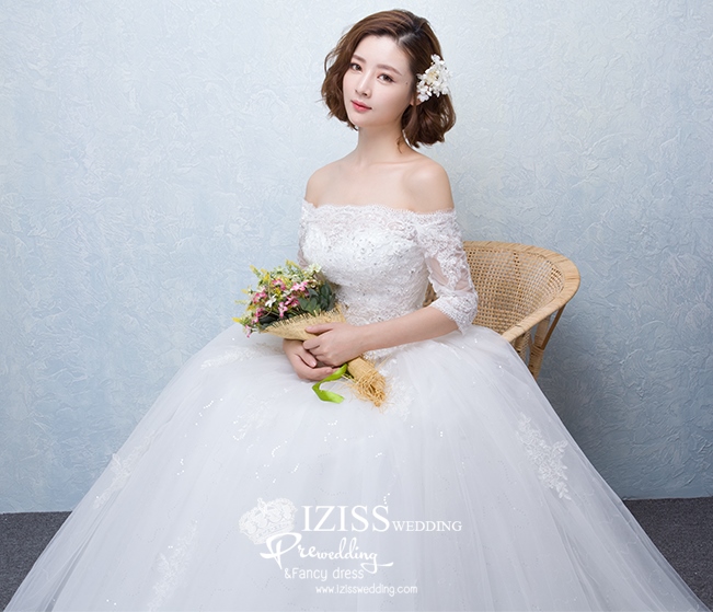 BR139 **พรีออเดอร์**ชุดแต่งงาน&ชุดเจ้าสาวแบบยาวสีขาวเกรดพรีเมี่ยม เปิดไหล่ มีแขน หรูหราน่ารัก สวยโดดเด่นไม่ซ้ำใคร