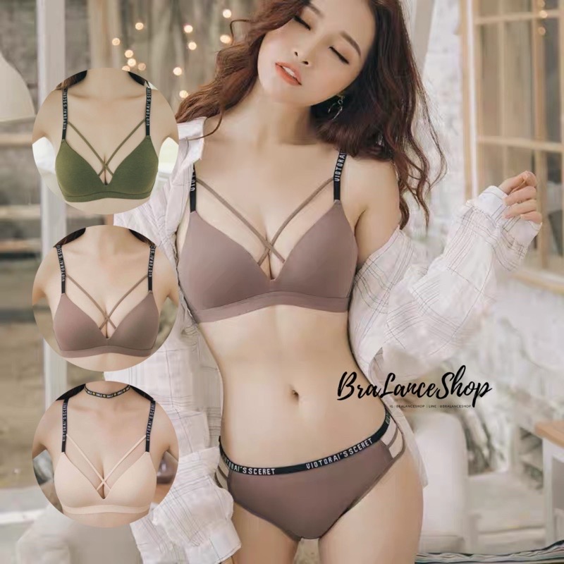 BLS✿381 Setบรา+กกน. ชุดชั้นในแฟชั่น แต่งสายพาดอกสายไหล่พิมพ์ตัวหนังสือสไตล์สปอต ฟองน้ำบาง