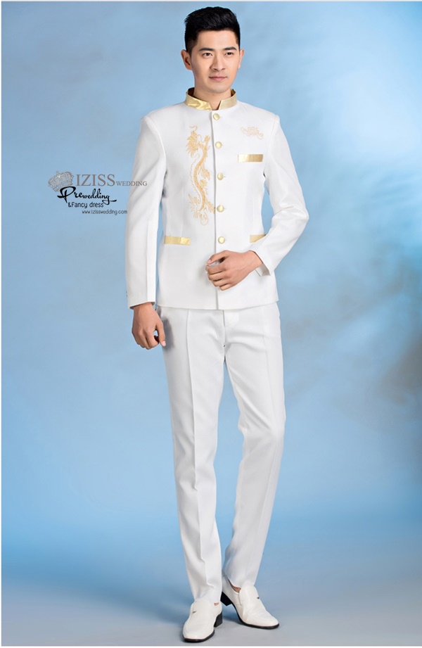 ST088 **พรีออเดอร์**สูทจีนผู้ชายสีดำแขนยาวปักลายมังกรสีทอง ติดกระดุมสีดำ พร้อมกางเกงสีดำขาสอบ ชุดสูทเจ้าบ่าว สูทแฟนซี ถ่ายพรีเวดดิ้ง & ชุดแต่งงานแฟนซี (Fancy wedding dress) สูทผู้ชายสีดำ