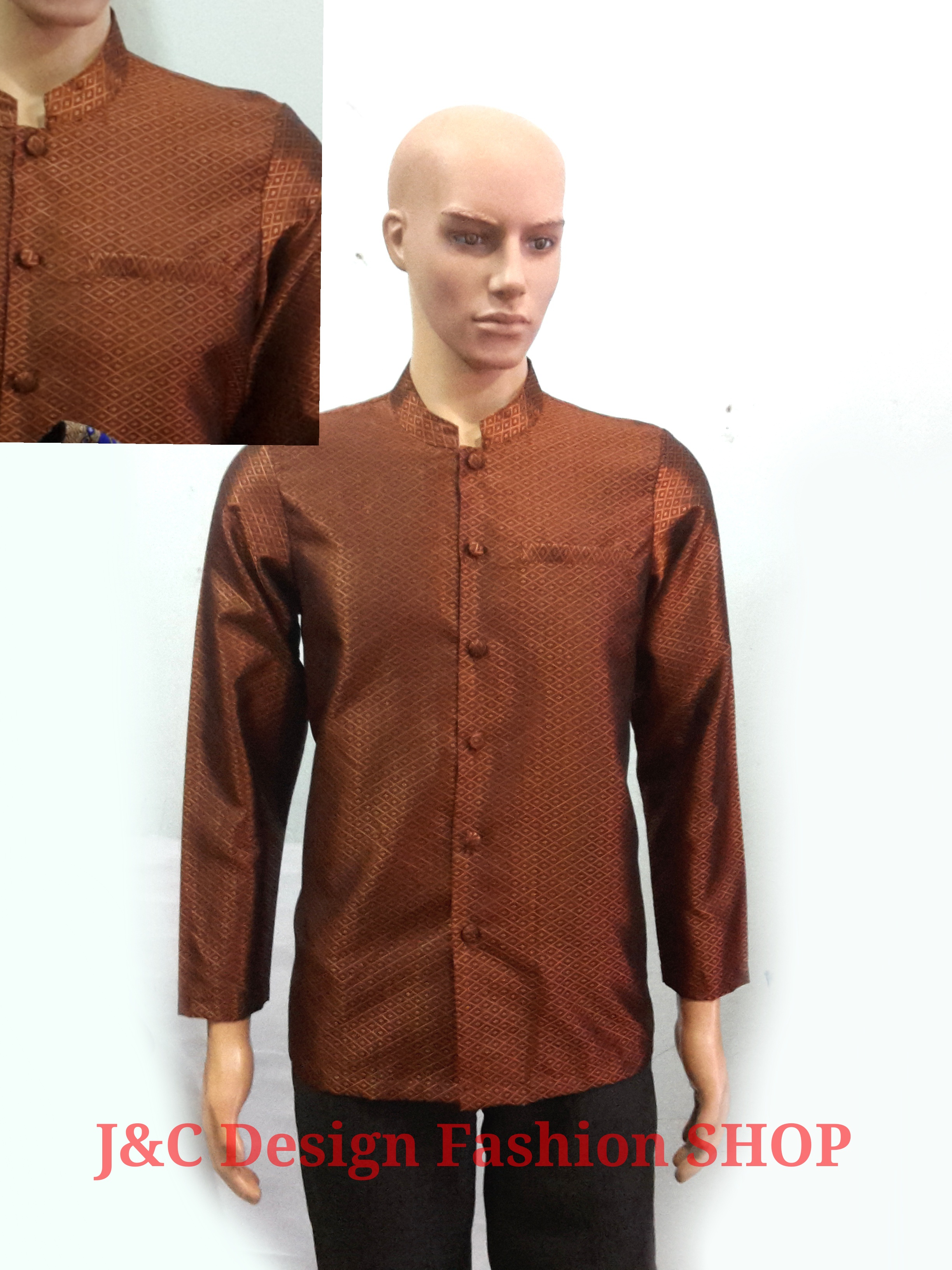 เสื้อคอพระราชทานชายไหมแพรทิพย์ เสื้อชายไหมแพรทิพย์คอพระราชทานสีเลือดนก สูทผ้าไทยชายสีเลือดนก เสื้อผ้าไทยสีเลือดนก