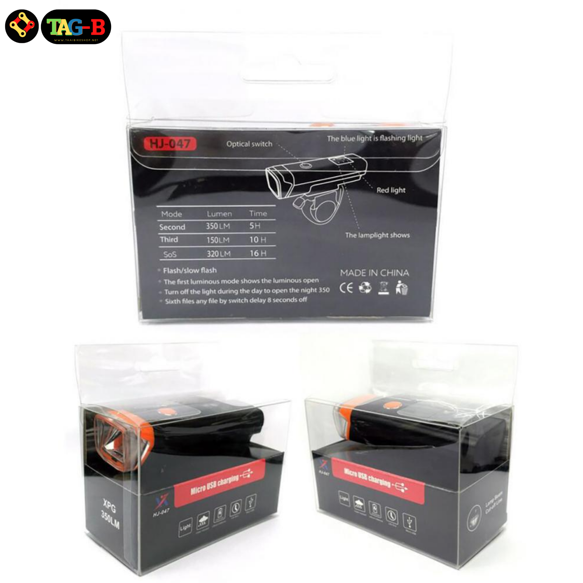 ไฟหน้าจักรยานแบบชาร์จ TAG-B HJ-047 USB LED BIKE LIGHT 350LM