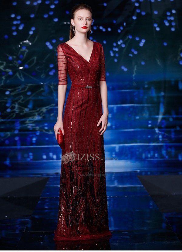 T004 **พรีออเดอร์ชุดราตรีเลื่อมสีแดง**ชุดราตรีเลื่อมยาวสีแดงไวน์ แขนสั้น สวยงามหรูหราไฮโซมากๆ ค่ะ