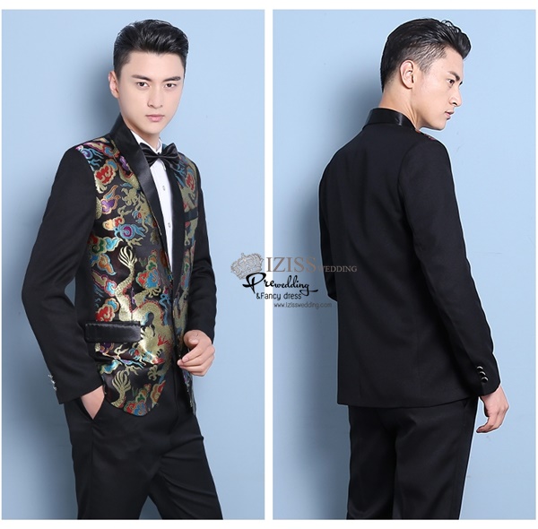 ST096 **พรีออเดอร์**สูทจีนผู้ชายสีดำแขนยาว ลายมังกรสีทอง ติดกระดุม พร้อมกางเกงสีดำขาสอบ ชุดสูทเจ้าบ่าว สูทแฟนซี ถ่ายพรีเวดดิ้ง & ชุดแต่งงานแฟนซี (Fancy wedding dress) สูทผู้ชายสีดำ
