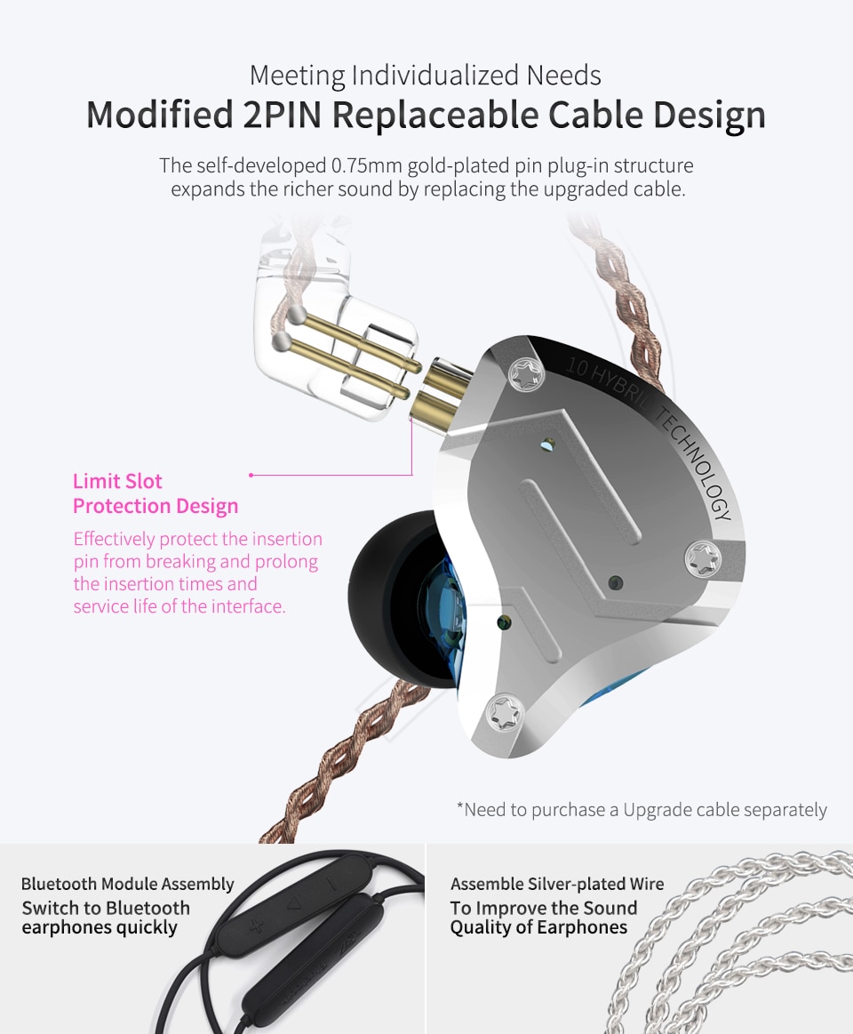 ขาย KZ ZS10 Pro หูฟัง Hybrid 5 ไดร์เวอร์ (4BA+1DD) รุ่นเพิ่มเบส ถอดสายได้