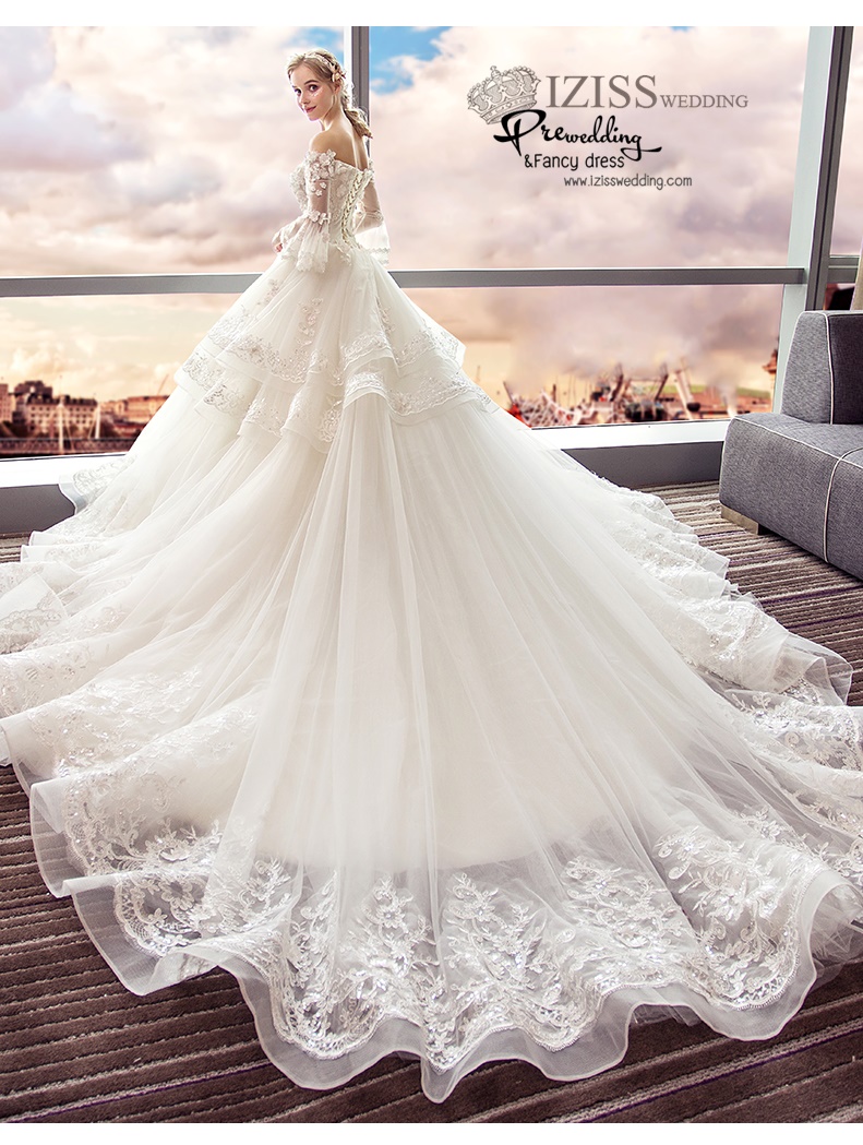 BR338 **พรีออเดอร์**ชุดแต่งงาน&ชุดเจ้าสาวแบบยาวอลังการ สีขาวเกรดพรีเมี่ยม หรูหราน่ารัก สวยโดดเด่นไม่ซ้ำใคร