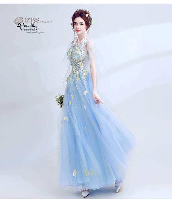 DL028 - **พรีออเดอร์** ชุดราตรี เดรสยาวออกงาน (Night party dresses) ชุดไปงานแต่งงานสวยๆ "ธีมสีฟ้าปักดอกสีเหลือง "