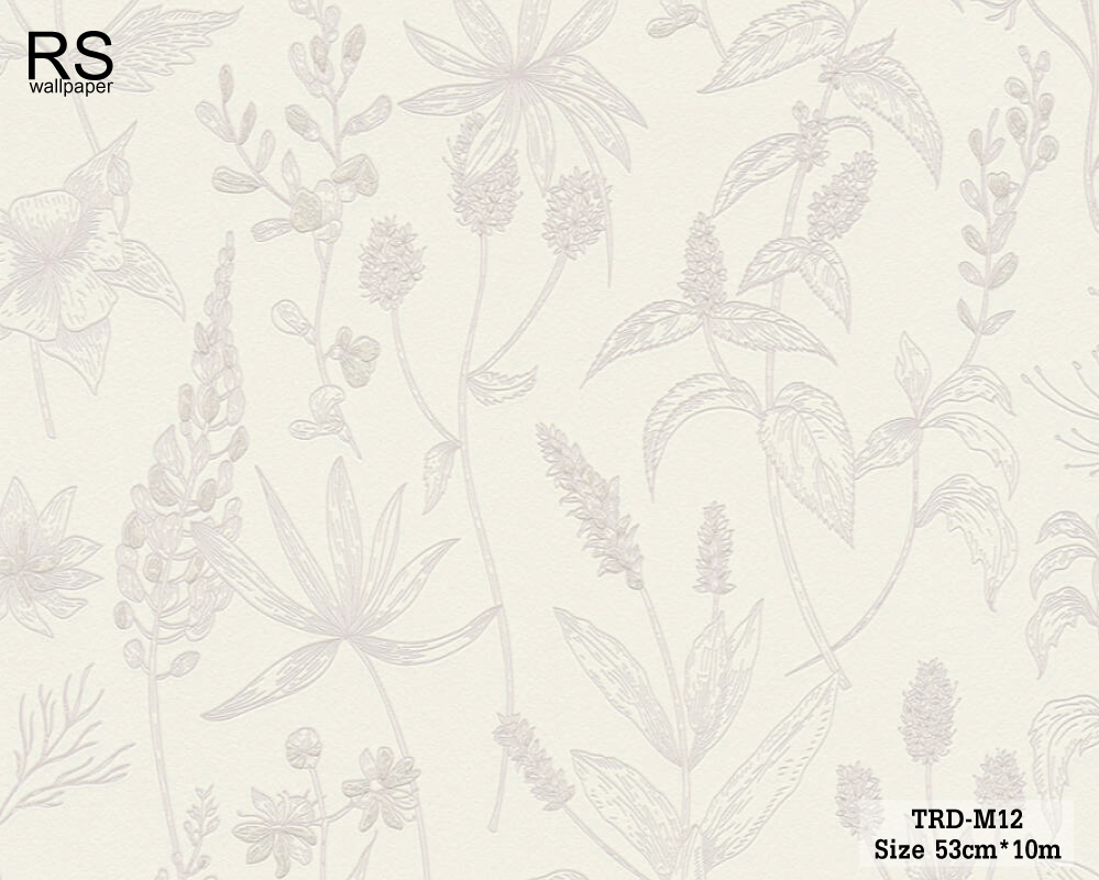 วอลเปเปอร์ ลายใบไม้ ลายดอกไม้ พื้นสีขาว เส้นวาดสีชมพูม่วงอ่อนพาสเทล TRD-M12
