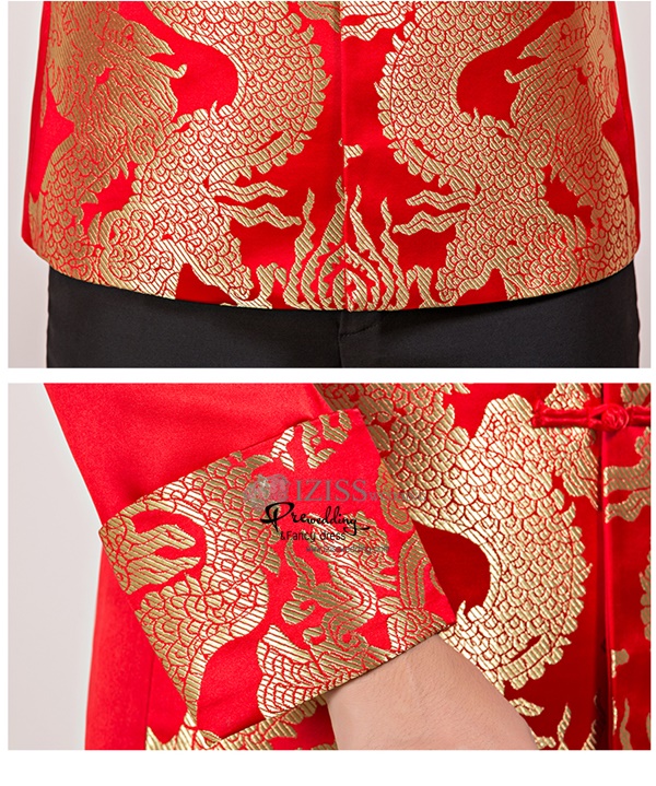 ST076 **พรีออเดอร์แบบ A B C D ระบุเวลาซื้อด้วยนะคะ**สูทจีนผู้ชายสีแดงแขนยาวปักลายมังกรสีทอง กระดุมขัด พร้อมกระโปรงสีแดง ชุดสูทเจ้าบ่าว สูทแฟนซี ถ่ายพรีเวดดิ้ง & ชุดแต่งงานแฟนซี (Fancy wedding dress) สูทผู้ชายสีแดง