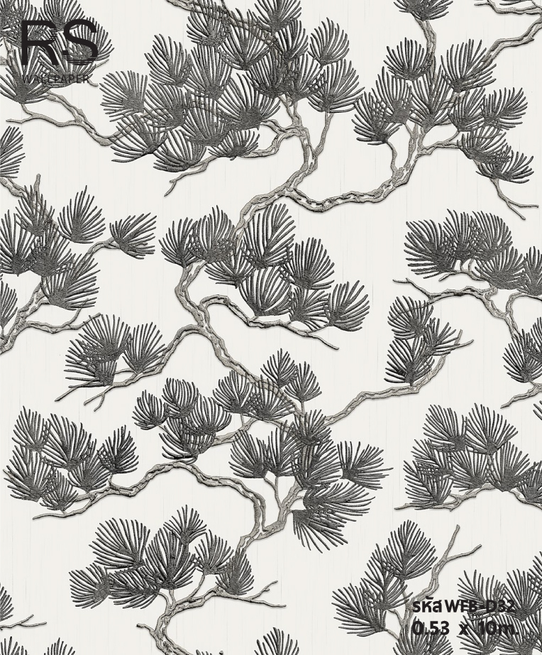 วอลเปเปอร์แท็กเจอร์ผ้าไหมทอ ลายใบไม้สีดำ พื้นสีขาว (Tropical Style) WFB-D32