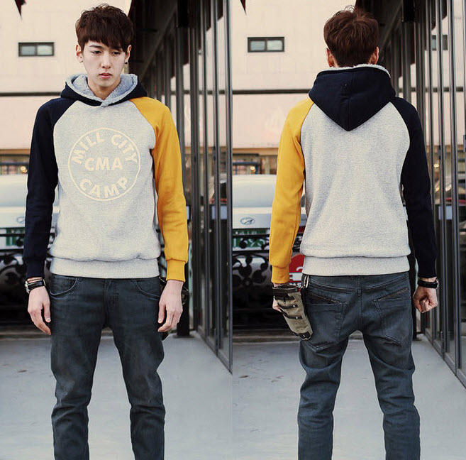 พร้อมส่ง เสื้อกันหนาว ผู้ชาย มีฮูท สีเทา แขนยาวสีเหลือง-น้ำเงิน ใส่กันหนาว ใส่เที่ยว แบบเท่ น่ารัก