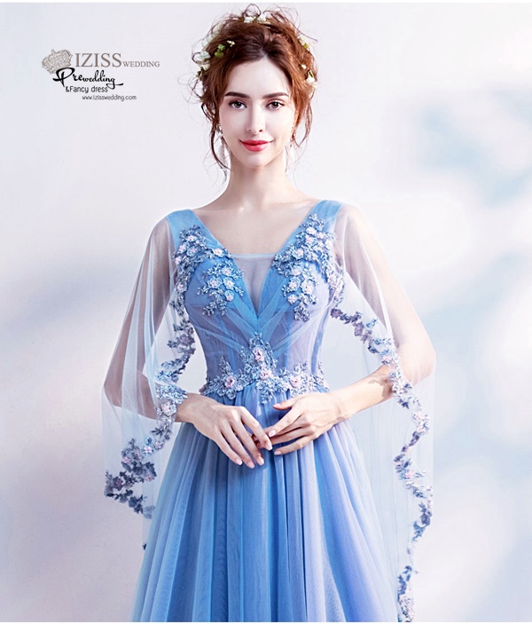 DL036 - **พรีออเดอร์** ชุดราตรี เดรสยาวออกงาน (Night party dresses) ชุดไปงานแต่งงานสวยๆ "ธีมสีฟ้าครามแต่งดอก 3D"