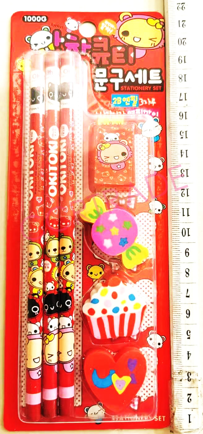 ชุดเครื่องเขียน+ยางลบ 4 ชิ้นแผงการ์ตูน 21.5 ซม.