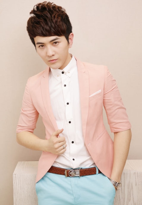 เสื้อสูทแฟชั่น พร้อมส่ง สีชมพู สไตล์หนุ่มหวาน แขน 4 ส่วน ผ่าหลัง ใส่ทำงาน ใส่เที่ยว