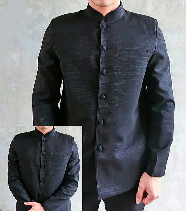 เสื้อสูทชายไหมชายคอพระราชทานสีดำ เสื้อสูทชายคอพระราชทานไหมแกมฝ้ายสีดำ สูทผ้าไทยชายสีดำ สูทผ้าไหมชายสีดำ