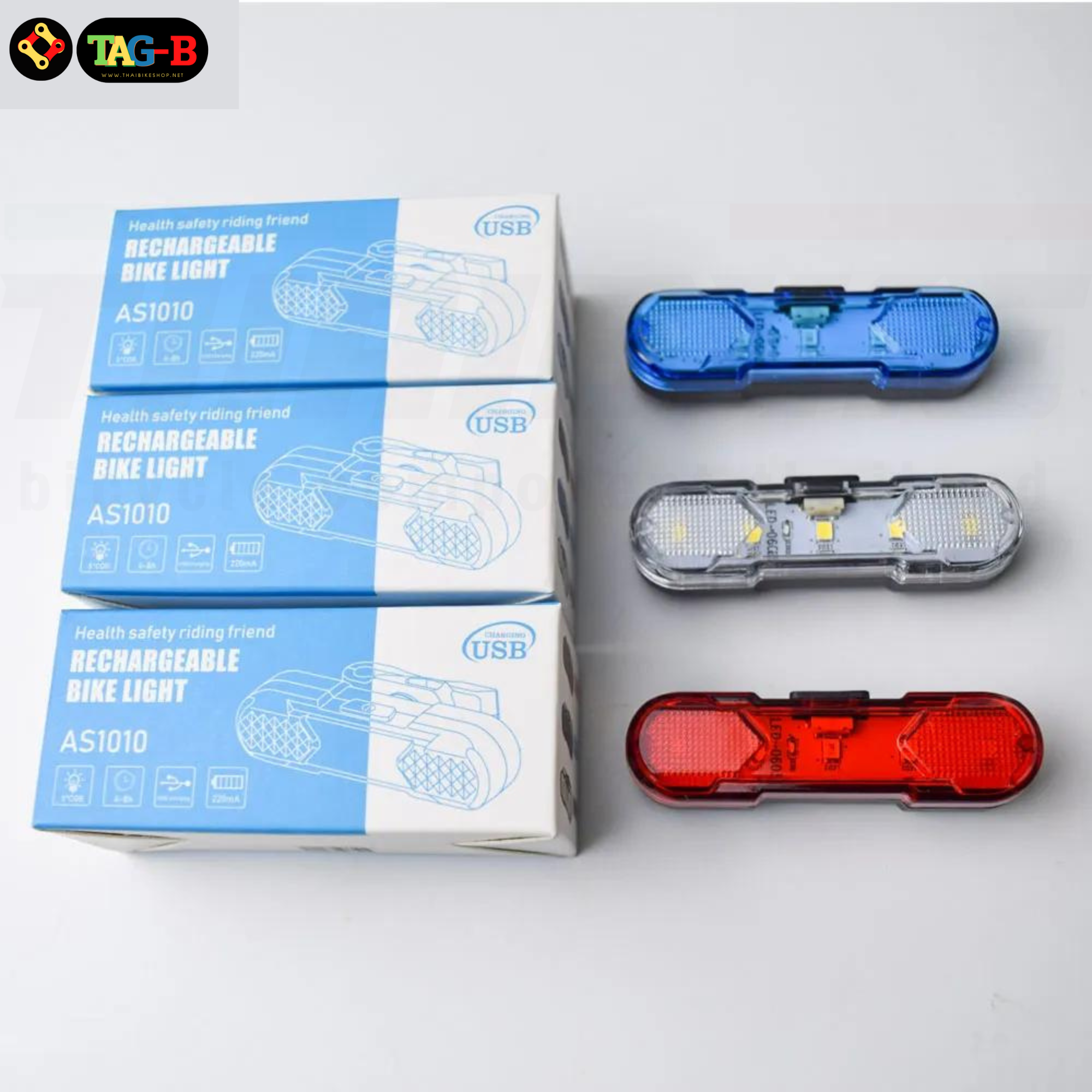 ไฟท้ายจักรยานแบบชาร์จ USB ไฟสีแดง/สีขาว/สีน้ำเงิน THAIBIKE AS1010