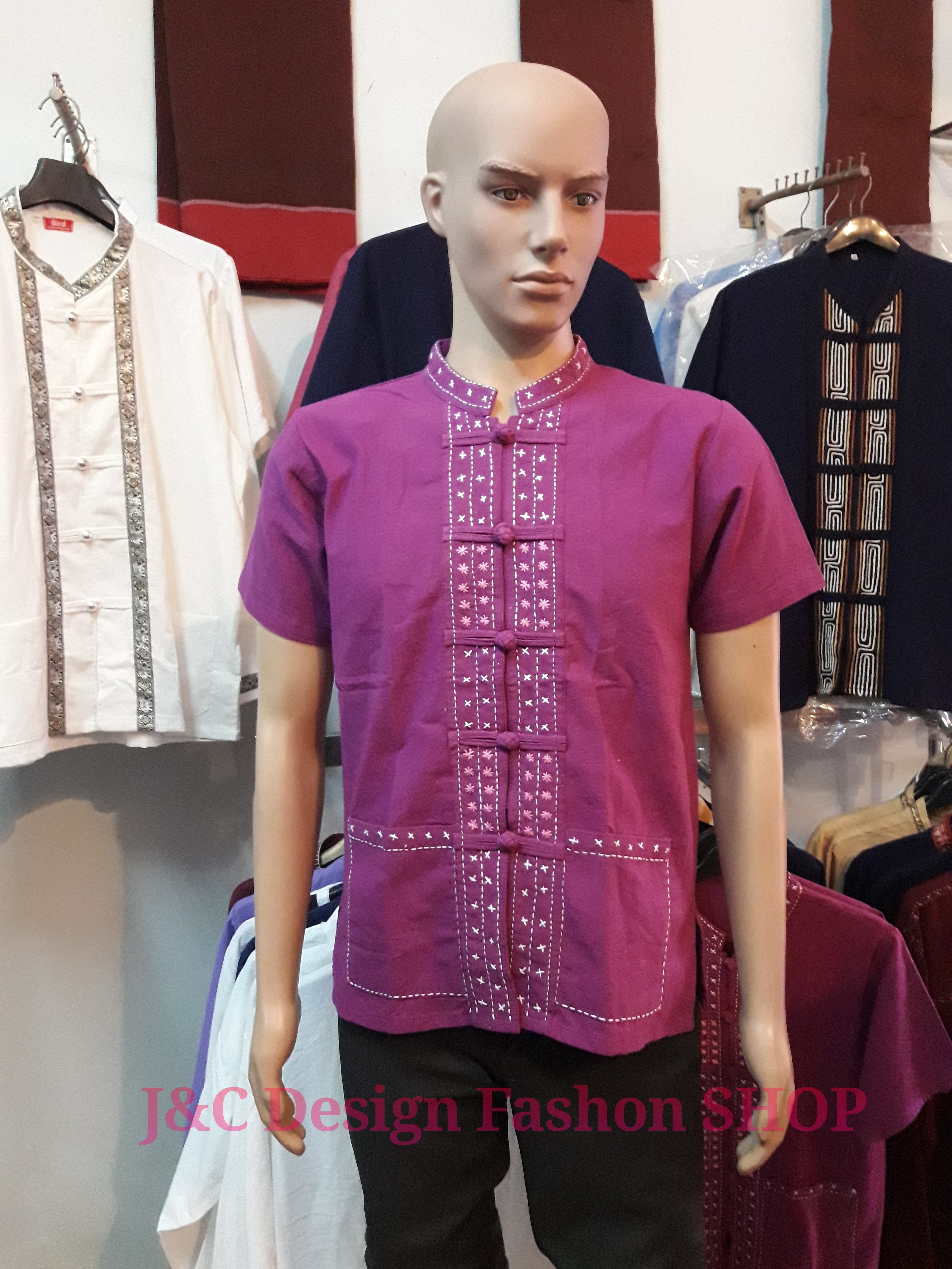 เสื้อผ้าฝ้ายพื้นเมืองชาย #เสื้อผ้าไทยชายสีชมพูกลีบบัวแต่งผ้าด้นมือ #เสื้อผ้าไทยชาย #เสื้อผ้าพื้นเมืองผ้าไทยชาย